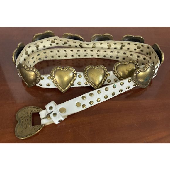 Sand Castle Accessories - Sand Castle Women White Leather & Brass Studded Belt with Brass Heart Conchos